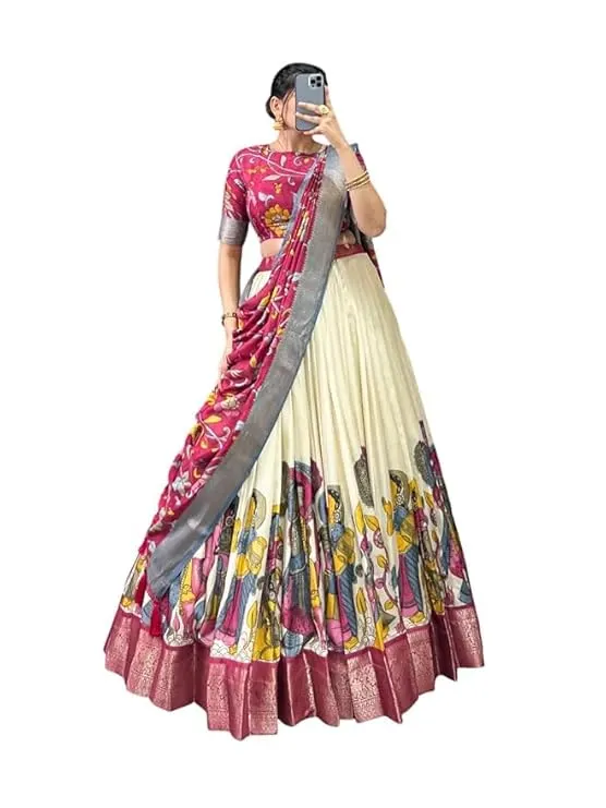L1 Women's Lehenga Choli | Tussar Silk With Patola Print with Foil Work With Solid And Unstitched Blouse Lehenga Choli With Dupatta